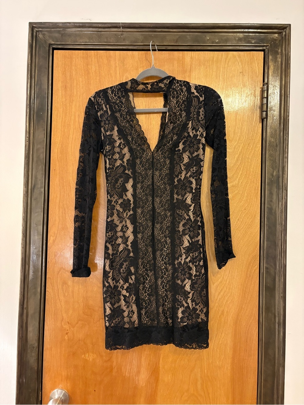 Vintage bebe Black Lace Mini Dress with Nude Lining